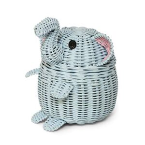 G6 COLLECTION Elephant Rattan Storage Basket With Lid Decorative Bin Home Decor Hand Woven Shelf Organizer Cute Handmade Handcrafted Nursery Gift Animal Decoration Wicker Elephant (Small, Blue)