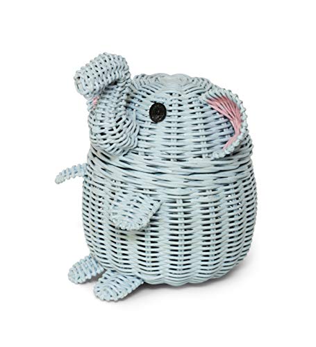 G6 COLLECTION Elephant Rattan Storage Basket With Lid Decorative Bin Home Decor Hand Woven Shelf Organizer Cute Handmade Handcrafted Nursery Gift Animal Decoration Wicker Elephant (Small, Blue)