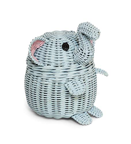 G6 COLLECTION Elephant Rattan Storage Basket With Lid Decorative Bin Home Decor Hand Woven Shelf Organizer Cute Handmade Handcrafted Nursery Gift Animal Decoration Wicker Elephant (Small, Blue)