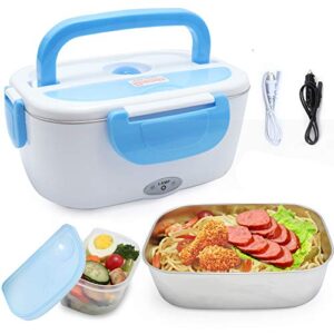 vech car electric heating lunch box 110v & 12v 40w 2 in1 home electric thermal lunch box food heater warmer, stainless steel food heater 1.5l for heat preservation, office, school, traveling (blue)