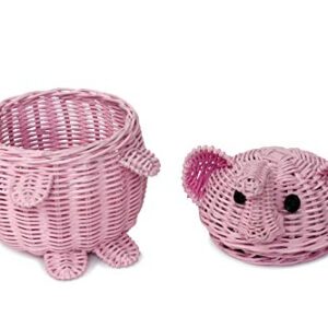 G6 COLLECTION Elephant Rattan Storage Basket With Lid Decorative Bin Home Decor Hand Woven Shelf Organizer Cute Handmade Handcrafted Nursery Gift Animal Decoration Wicker Elephant (Small, Pink)