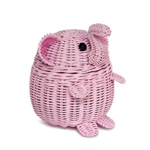 G6 COLLECTION Elephant Rattan Storage Basket With Lid Decorative Bin Home Decor Hand Woven Shelf Organizer Cute Handmade Handcrafted Nursery Gift Animal Decoration Wicker Elephant (Small, Pink)