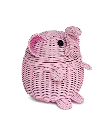 G6 COLLECTION Elephant Rattan Storage Basket With Lid Decorative Bin Home Decor Hand Woven Shelf Organizer Cute Handmade Handcrafted Nursery Gift Animal Decoration Wicker Elephant (Small, Pink)