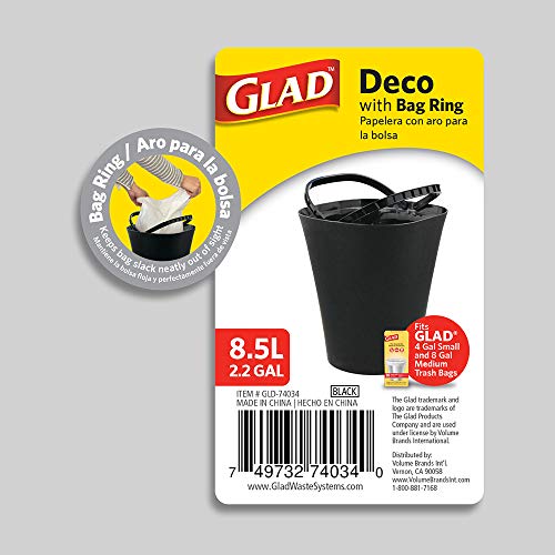 Glad Small Waste Basket with Bag Ring | Trash Can for Home, Office, Bedrooms and Bathrooms, 8.5L, Black