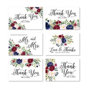 24 floral navy burgundy wedding thank you cards with envelopes, elegant bridal shower thank you note from the new mr. & mrs. newlywed wine flower gratitude supplies, 4x6 personalized bulk stationery