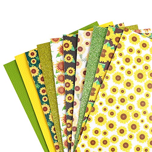 Pllieay 10 Pieces Sunflowers Printed Faux Leather Sheet Glitter PU Synthetic Leather Sheet for Earrings Headbands Making (8.2 x 6.3 inch)