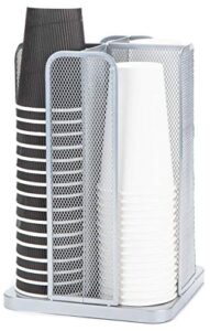 mind reader carousel cup and lid organizer, 4 compartment, silver metal mesh, 8" l x 8" w x 12" h