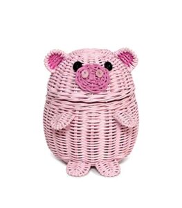 g6 collection pig rattan storage basket with lid decorative bin home decor hand woven shelf organizer cute handmade handcrafted gift art decoration artwork wicker pink piggy (small)
