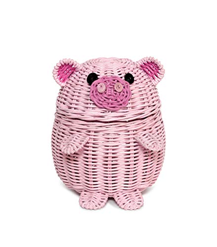 G6 COLLECTION Pig Rattan Storage Basket with Lid Decorative Bin Home Decor Hand Woven Shelf Organizer Cute Handmade Handcrafted Gift Art Decoration Artwork Wicker Pink Piggy (Small)