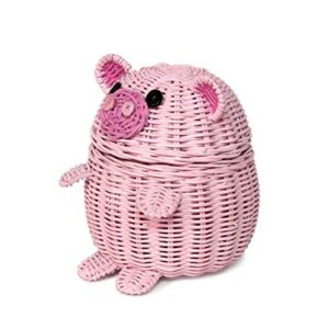 G6 COLLECTION Pig Rattan Storage Basket with Lid Decorative Bin Home Decor Hand Woven Shelf Organizer Cute Handmade Handcrafted Gift Art Decoration Artwork Wicker Pink Piggy (Small)