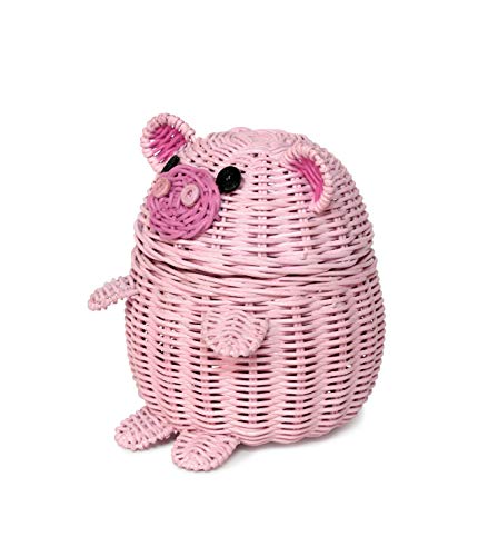 G6 COLLECTION Pig Rattan Storage Basket with Lid Decorative Bin Home Decor Hand Woven Shelf Organizer Cute Handmade Handcrafted Gift Art Decoration Artwork Wicker Pink Piggy (Small)