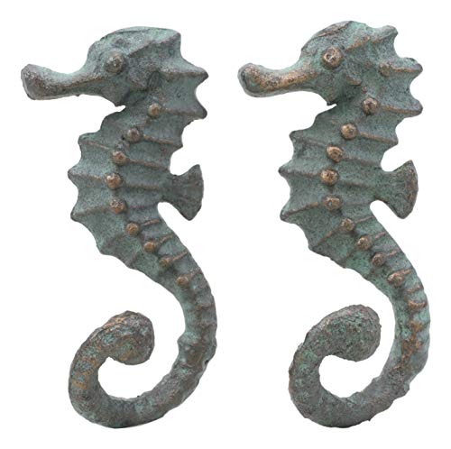 Ebros Verdigris Green Cast Iron Coastal Marine Ocean Nautical Seahorse Wall Mounted Coat Hooks Set of 2 Nautical Sea Life Hook Hangers Decor Sculpture Seahorses Coral Reef