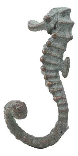 Ebros Verdigris Green Cast Iron Coastal Marine Ocean Nautical Seahorse Wall Mounted Coat Hooks Set of 2 Nautical Sea Life Hook Hangers Decor Sculpture Seahorses Coral Reef