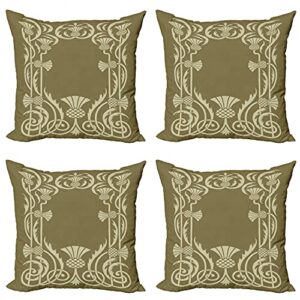 ambesonne art nouveau throw pillow cushion case pack of 4, floral border with tropical pineapple fruits leaves retro style swirls, modern accent double-sided digital printing, 20", sepia sage green