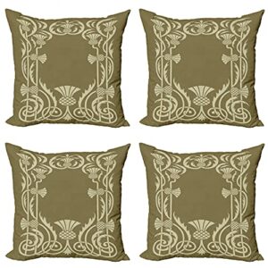 Ambesonne Art Nouveau Throw Pillow Cushion Case Pack of 4, Floral Border with Tropical Pineapple Fruits Leaves Retro Style Swirls, Modern Accent Double-Sided Digital Printing, 20", Sepia Sage Green