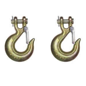 mega cargo control 5/16 inch g70 clevis grab hook with latch | transport safety chain hooks for rigging deck hauler receiver hitches trailer wrecker truck (2 - pack)