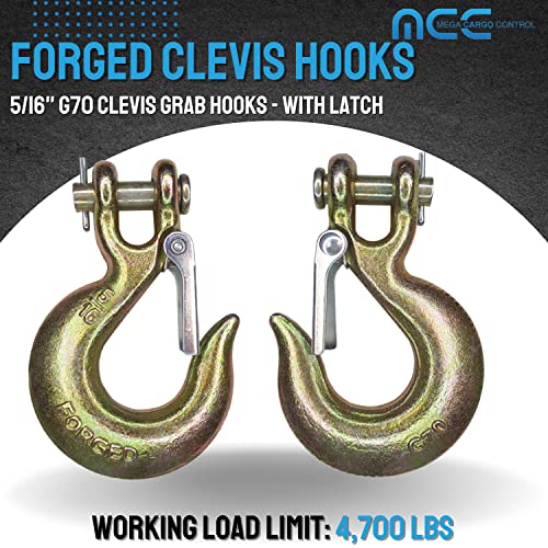 Mega Cargo Control 5/16 Inch G70 Clevis Grab Hook with Latch | Transport Safety Chain Hooks for Rigging Deck Hauler Receiver Hitches Trailer Wrecker Truck (2 - Pack)