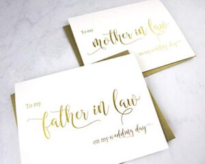set of 2 gold foil wedding day cards with gold shimmer envelopes, to my mother in law on my wedding day card, to my father in law on my wedding day card