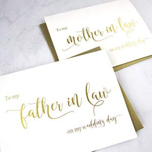 Set of 2 Gold Foil Wedding Day Cards with Gold Shimmer Envelopes, To My Mother in Law on my Wedding Day Card, To My Father in Law on my Wedding Day Card