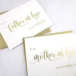 Set of 2 Gold Foil Wedding Day Cards with Gold Shimmer Envelopes, To My Mother in Law on my Wedding Day Card, To My Father in Law on my Wedding Day Card