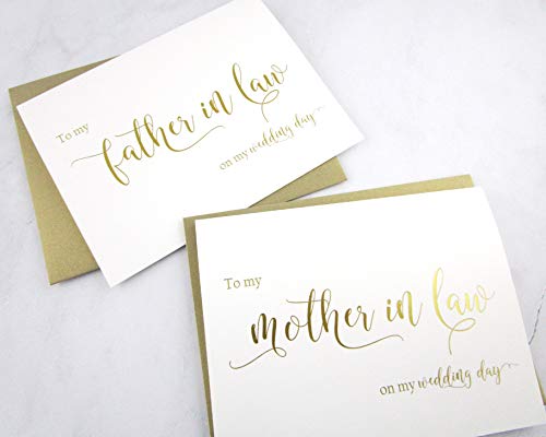 Set of 2 Gold Foil Wedding Day Cards with Gold Shimmer Envelopes, To My Mother in Law on my Wedding Day Card, To My Father in Law on my Wedding Day Card