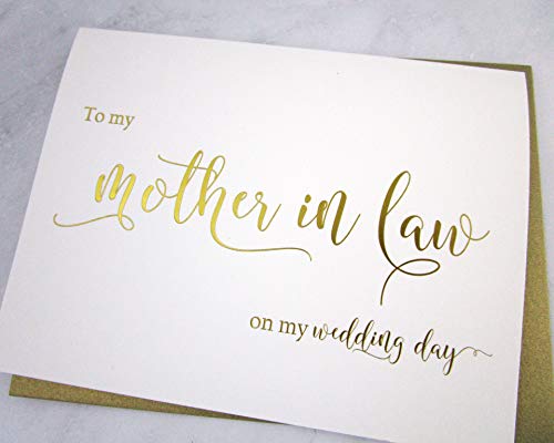 Set of 2 Gold Foil Wedding Day Cards with Gold Shimmer Envelopes, To My Mother in Law on my Wedding Day Card, To My Father in Law on my Wedding Day Card