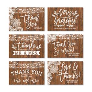 24 rustic wedding thank you cards with envelopes, elegant bridal shower thank you note from the new mr. & mrs. newlywed faux wood gratitude supplies, 4x6 personalized bulk so grateful stationery