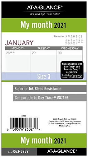 2021 Monthly Planner Refill by AT-A-GLANCE, 87129 DAY-TIMER, 3-3/4" x 6-3/4", Size 3 (063-685Y)