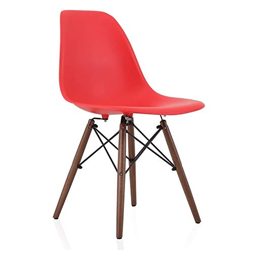 Set of 2 Ed Red Plastic Dining Shell Chair with Dark Walnut Wood Eiffel Legs Mid-Century Modern Upholstered