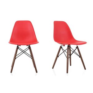 set of 2 ed red plastic dining shell chair with dark walnut wood eiffel legs mid-century modern upholstered