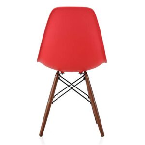Set of 2 Ed Red Plastic Dining Shell Chair with Dark Walnut Wood Eiffel Legs Mid-Century Modern Upholstered