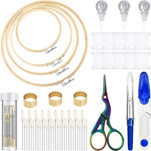 53 pieces cross stitch tool embroidery starter kit, includes bamboo circle cross stitch hoop ring, vintage sewing scissors, needle-threading tools, thimbles, floss bobbins, seam ripper and embroidery