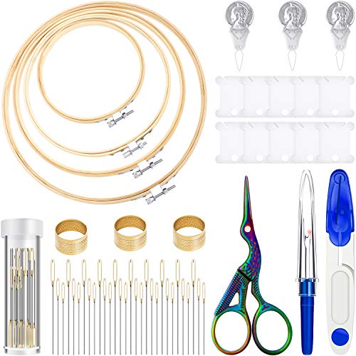 53 Pieces Cross Stitch Tool Embroidery Starter Kit, Includes Bamboo Circle Cross Stitch Hoop Ring, Vintage Sewing Scissors, Needle-Threading Tools, Thimbles, Floss Bobbins, Seam Ripper and Embroidery