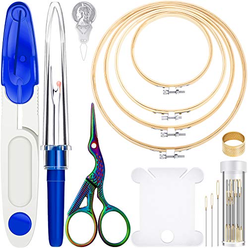 53 Pieces Cross Stitch Tool Embroidery Starter Kit, Includes Bamboo Circle Cross Stitch Hoop Ring, Vintage Sewing Scissors, Needle-Threading Tools, Thimbles, Floss Bobbins, Seam Ripper and Embroidery