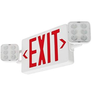 LFI Lights | Combo Red Exit Sign with Emergency Lights | White Housing | All LED | Two Adjustable Square Heads | Hardwired with Battery Backup | UL Listed | (2 Pack) | COMBOLG-R