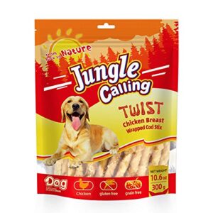 Jungle Calling Rawhide Free Healthy Treats for Dogs, Chicken Wrapped Cod Sticks Dog Treats, Soft Chewy Treats for Training Rewards, 11 oz (Chicken)