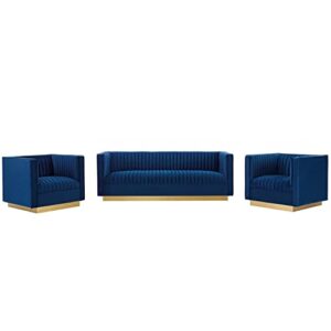 modway sanguine 3 piece vertical channel tufted upholstered performance velvet set, navy