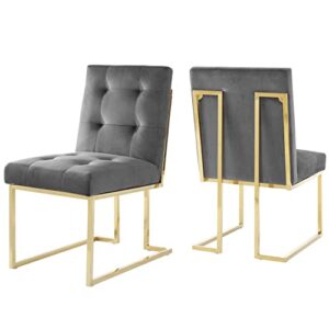 modway privy stainless steel performance velvet dining chair set of 2, gold charcoal