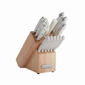 farberware 15-piece forged triple rivet knife block set, razor-sharp kitchen knife set with wood block, high-carbon stainless steel, white