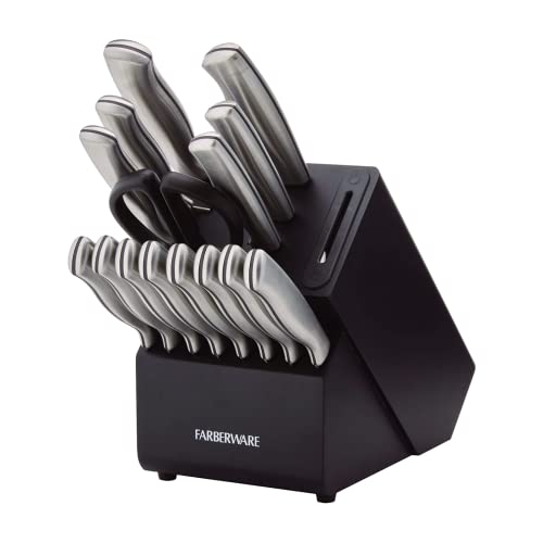 Farberware Edgekeeper 16-Piece Stainless Steel Knife Block Set with Built in Knife Sharpener, High Carbon-Stainless Steel Kitchen Knives, Razor-Sharp Knife Set, Black