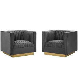 modway sanguine vertical channel tufted upholstered performance velvet armchair set of 2, gray