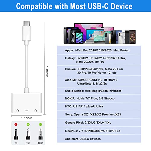 USB C to 3.5mm Audio Adapter, Aux Headphone Jack Splitter with Fast Charging Port, Type-C to Dual Earphone Converter, Compatible for Samsung, iPad Pro, Google Pixel, HTC, Huawei etc (3 in 1)