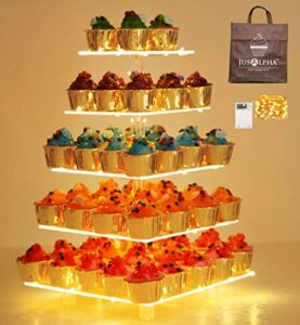 jusalpha 5 tier square cupcake stand - premium cupcake holder - acrylic cupcake tower - ideal for weddings birthday parties, candy bar decor 5sf-s (led light option: battery)…