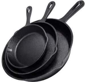 pre-seasoned cast iron skillet 3-piece set - best heavy-duty professional restaurant chef quality pan cookware set - 10", 8", 6" - great for frying, saute, cooking, pizza etc, black