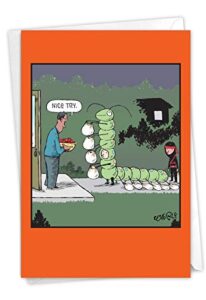 nobleworks - happy halloween card funny - fun cartoon humor, spooky greeting notecard with envelope - caterpillar trick c3394hwg