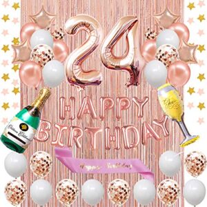 fancypartyshop 24th birthday decorations - rose gold happy birthday banner and sash with number 24 balloons latex confetti balloons ideal for girl and women 24 years old birthday rose gold