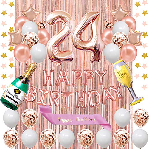 Fancypartyshop 24th Birthday Decorations - Rose Gold Happy Birthday Banner and Sash with Number 24 Balloons Latex Confetti Balloons Ideal for Girl and Women 24 Years Old Birthday Rose Gold