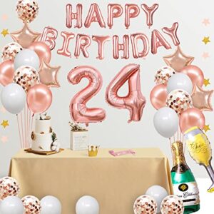 Fancypartyshop 24th Birthday Decorations - Rose Gold Happy Birthday Banner and Sash with Number 24 Balloons Latex Confetti Balloons Ideal for Girl and Women 24 Years Old Birthday Rose Gold