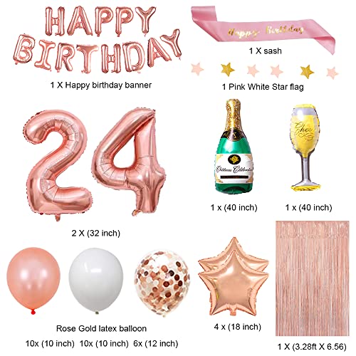 Fancypartyshop 24th Birthday Decorations - Rose Gold Happy Birthday Banner and Sash with Number 24 Balloons Latex Confetti Balloons Ideal for Girl and Women 24 Years Old Birthday Rose Gold