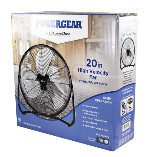 Comfort Zone CZHV20BK 20” High-Velocity 3-Speed Cradle Floor Fan with 180-Degree Adjustable Tilt, Convenient Carry Handle and Rubber Feet for Stability, Black